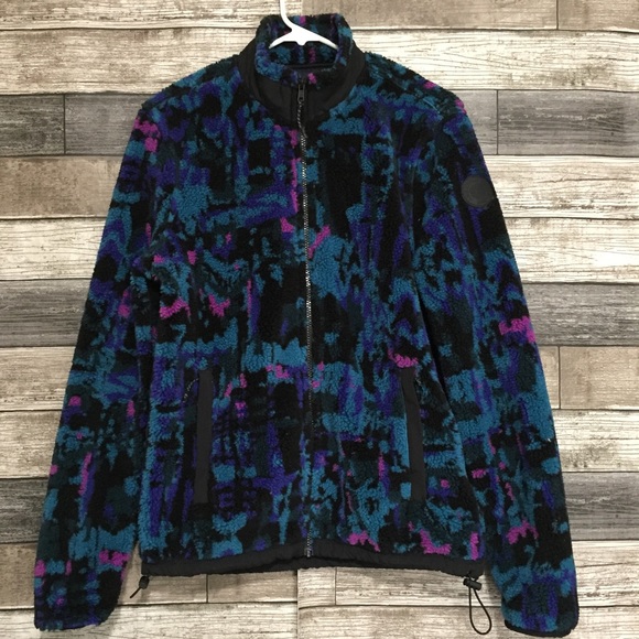 American Eagle Fleece Jacket Women’s S Full Zip Abstract Teal Black Zip Pockets - Picture 3 of 13